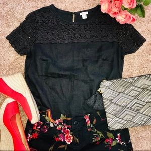 J. Crew Black Linen and Lace Blouse